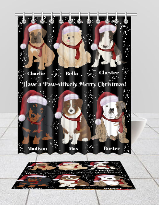 Custom Personalized Cartoonish Pet Photo and Name on Shower Curtain & Bath Mat Combo in Merry Christmas Background