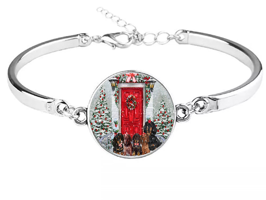 Christmas Holiday Welcome Red Door Dachshund Dog Metal Bracelet