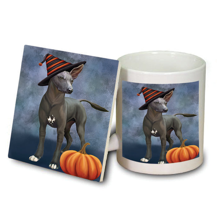 Happy Halloween Mexican Hairless Dog Wearing Witch Hat with Pumpkin Mug and Coaster Set MUC54781