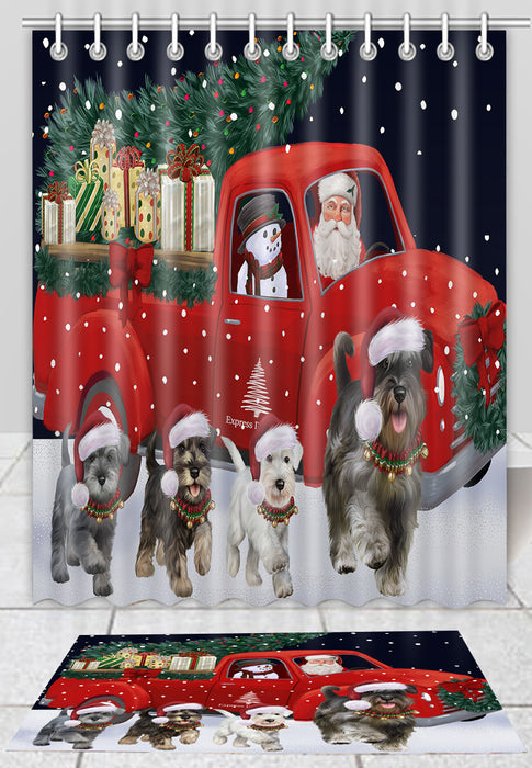 Christmas Express Delivery Red Truck Running Schnauzer Dogs Bath Mat and Shower Curtain Combo