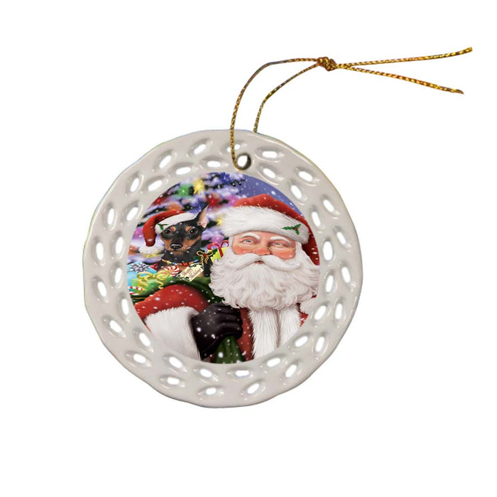 Santa Carrying Miniature Pinscher Dog and Christmas Presents Ceramic Doily Ornament DPOR55865