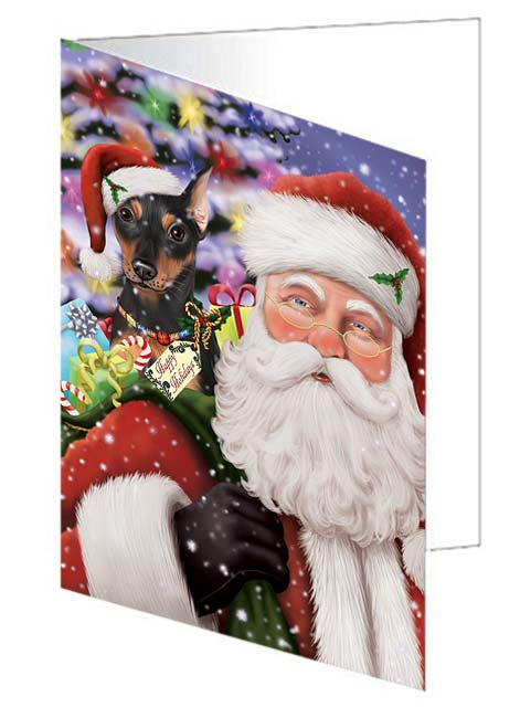 Santa Carrying Miniature Pinscher Dog and Christmas Presents Handmade Artwork Assorted Pets Greeting Cards and Note Cards with Envelopes for All Occasions and Holiday Seasons GCD71042