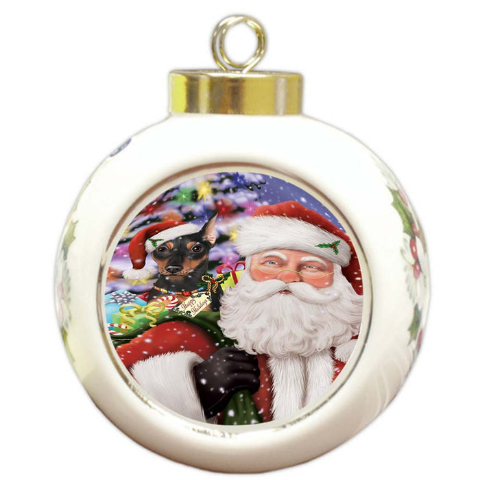 Santa Carrying Miniature Pinscher Dog and Christmas Presents Round Ball Christmas Ornament RBPOR55865