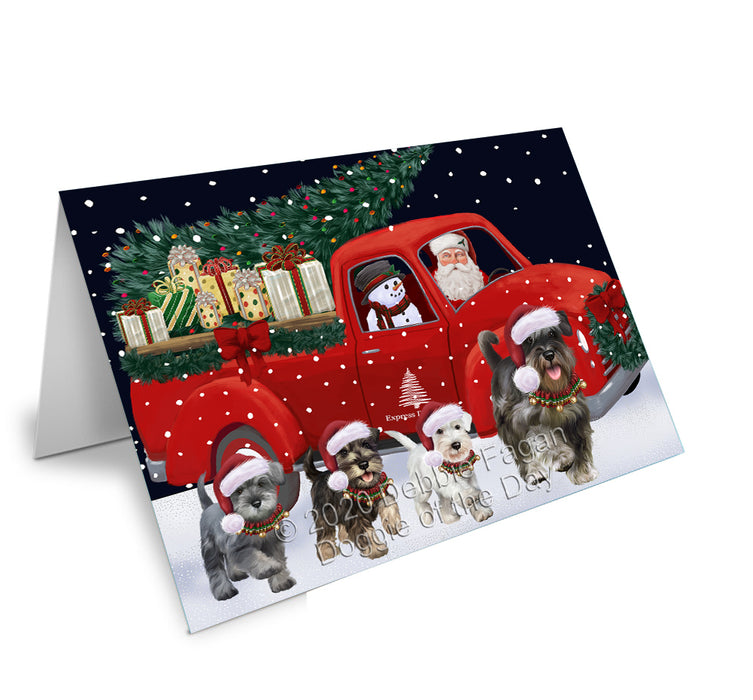 Christmas Express Delivery Red Truck Running Schnauzer Dogs Handmade Artwork Assorted Pets Greeting Cards and Note Cards with Envelopes for All Occasions and Holiday Seasons GCD75167