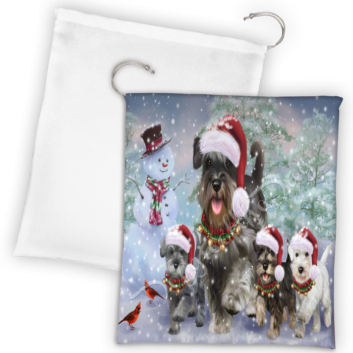 Christmas Running Fammily Schnauzer Dogs Drawstring Laundry or Gift Bag LGB48234