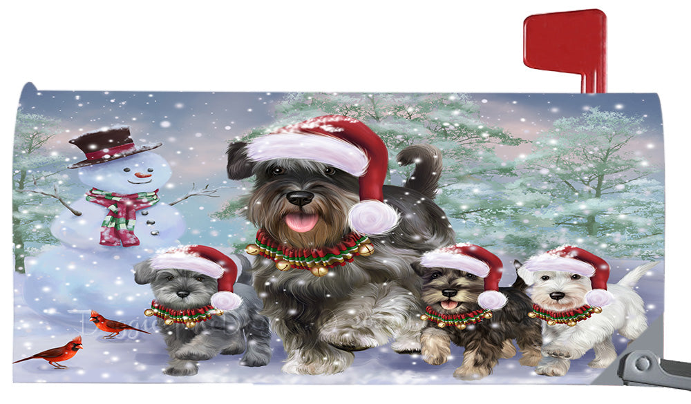 Christmas Running Family Schnauzer Dogs Magnetic Mailbox Cover Both Sides Pet Theme Printed Decorative Letter Box Wrap Case Postbox Thick Magnetic Vinyl Material