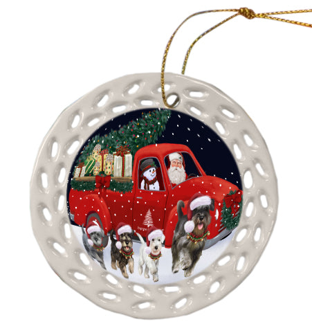 Christmas Express Delivery Red Truck Running Miniature Schnauzer Dog Doily Ornament DPOR59278