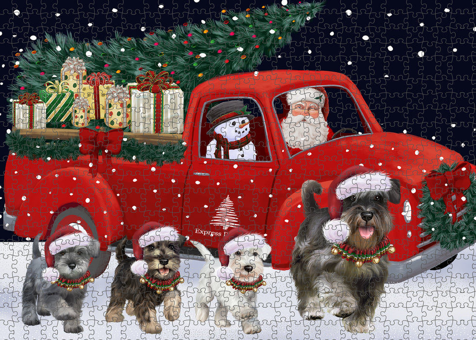 Christmas Express Delivery Red Truck Running Schnauzer Dogs Puzzle with Photo Tin PUZL99736