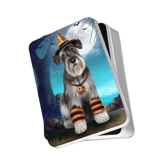 Happy Halloween Trick or Treat Miniature Schnauzer Dog Candy Corn Photo Storage Tin PITN52510