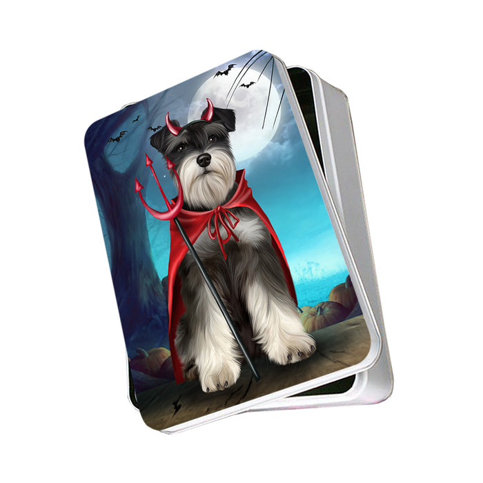 Happy Halloween Trick or Treat Miniature Schnauzer Dog Devil Photo Storage Tin PITN52529