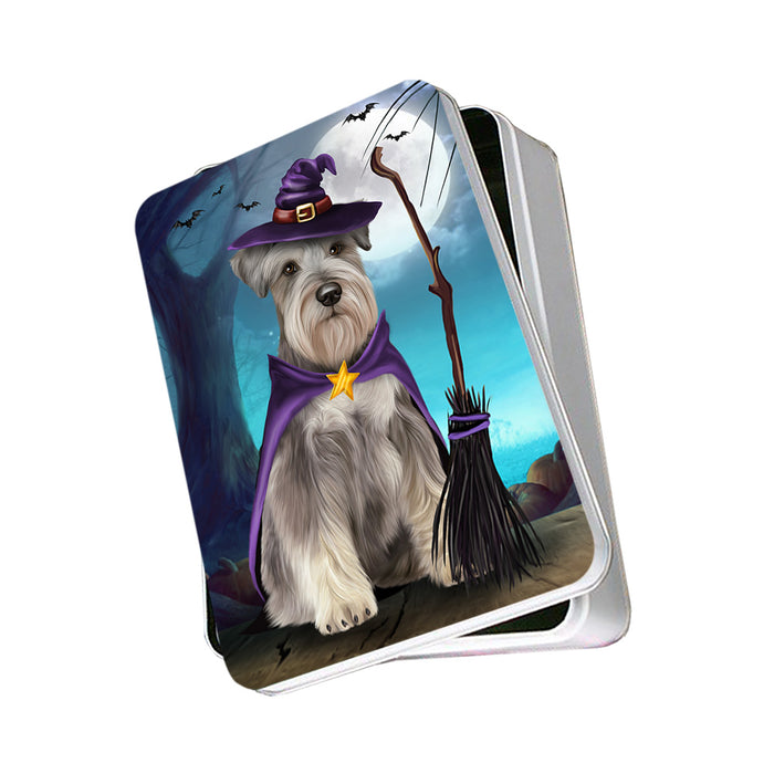 Happy Halloween Trick or Treat Miniature Schnauzer Dog Witch Photo Storage Tin PITN52567