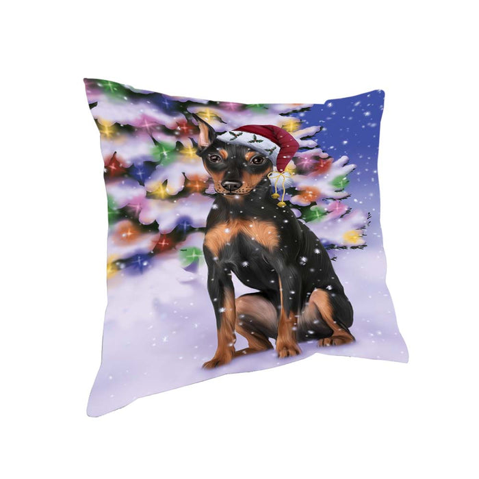 Winterland Wonderland Miniature Pinscher Dog In Christmas Holiday Scenic Background Pillow PIL71752