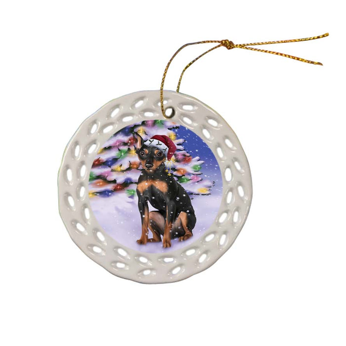 Winterland Wonderland Miniature Pinscher Dog In Christmas Holiday Scenic Background Ceramic Doily Ornament DPOR56062