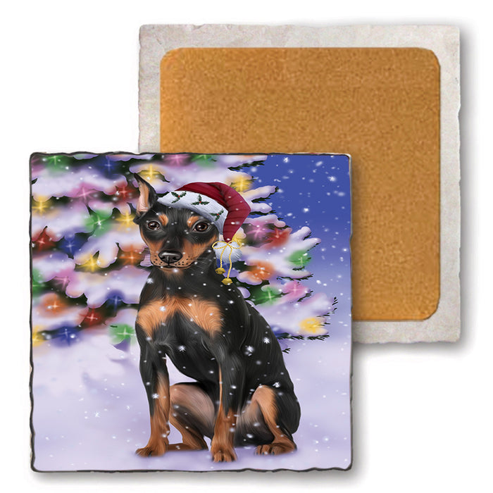 Winterland Wonderland Miniature Pinscher Dog In Christmas Holiday Scenic Background Set of 4 Natural Stone Marble Tile Coasters MCST50706