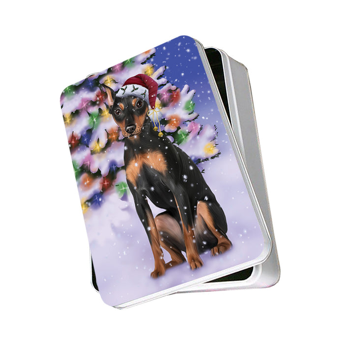 Winterland Wonderland Miniature Pinscher Dog In Christmas Holiday Scenic Background Photo Storage Tin PITN55649