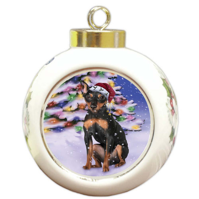 Winterland Wonderland Miniature Pinscher Dog In Christmas Holiday Scenic Background Round Ball Christmas Ornament RBPOR56062