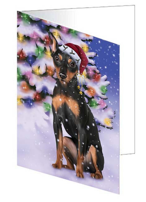 Winterland Wonderland Miniature Pinscher Dog In Christmas Holiday Scenic Background Handmade Artwork Assorted Pets Greeting Cards and Note Cards with Envelopes for All Occasions and Holiday Seasons GCD71633