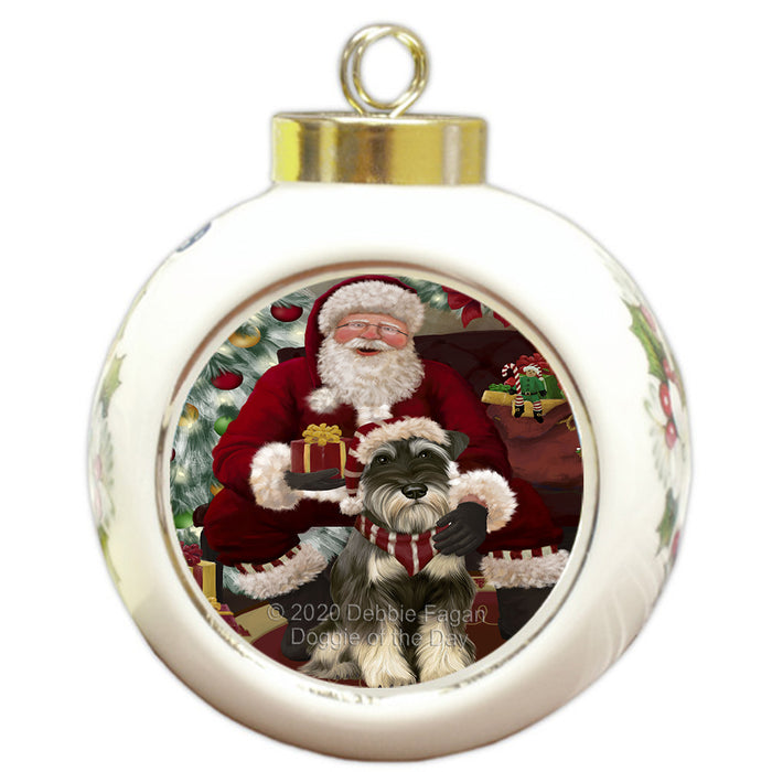 Santa's Christmas Surprise Schnauzer Dog Round Ball Christmas Ornament RBPOR58041