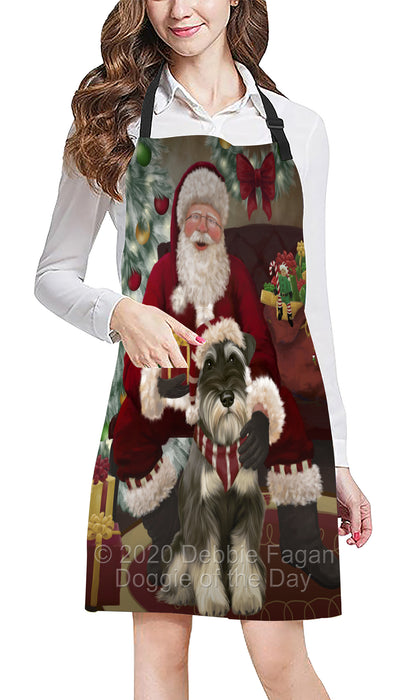 Santa's Christmas Surprise Schnauzer Dog Apron - Adjustable Long Neck Bib for Adults - Waterproof Polyester Fabric With 2 Pockets - Chef Apron for Cooking, Dish Washing, Gardening, and Pet Grooming