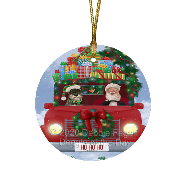 Christmas Honk Honk Red Truck Here Comes with Santa and Schnauzer Dog Round Flat Christmas Ornament RFPOR57845