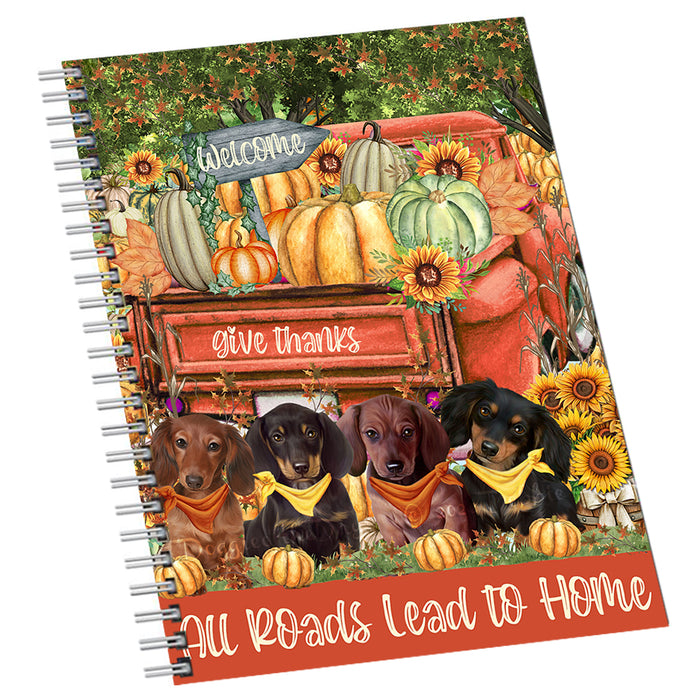 All Roads Lead to Home Orange Truck Harvest Fall Pumpkin Dachshund Dog Notebook