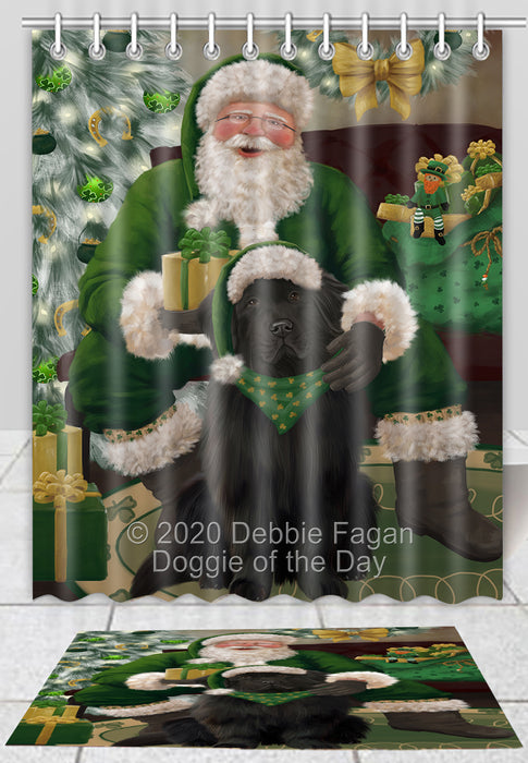 Christmas Irish Santa with Gift Newfoundland Dog Bath Mat and Shower Curtain Combo