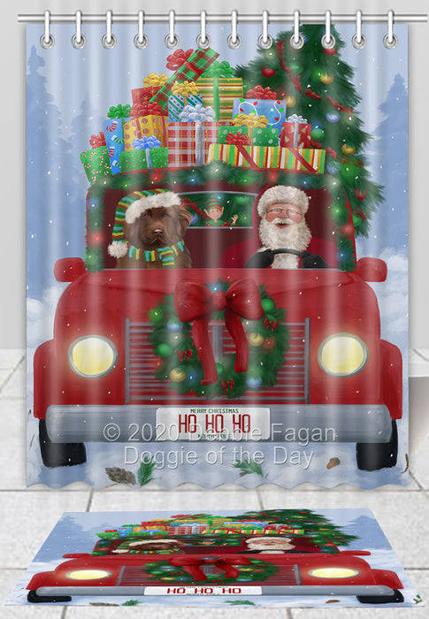 Christmas Honk Honk Red Truck Here Comes with Santa and Newfoundland Dog Bath Mat and Shower Curtain Combo