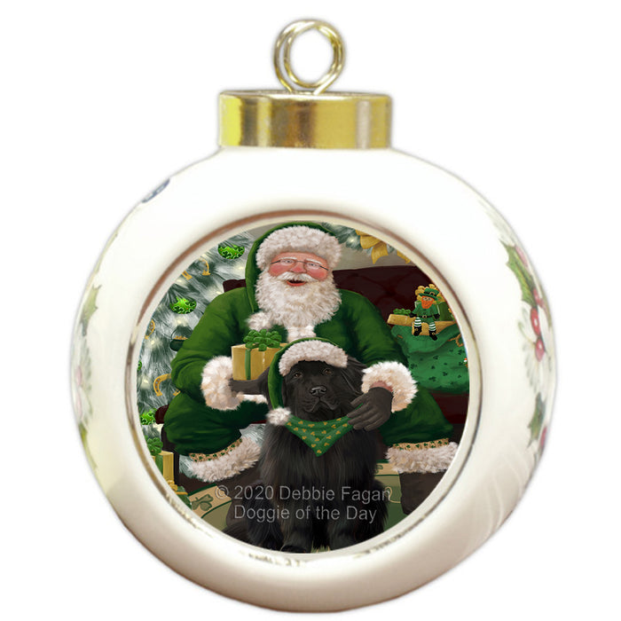 Christmas Irish Santa with Gift and Newfoundland Dog Round Ball Christmas Ornament RBPOR57943