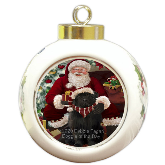 Santa's Christmas Surprise Newfoundland Dog Round Ball Christmas Ornament RBPOR58042