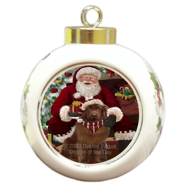 Santa's Christmas Surprise Newfoundland Dog Round Ball Christmas Ornament RBPOR58043
