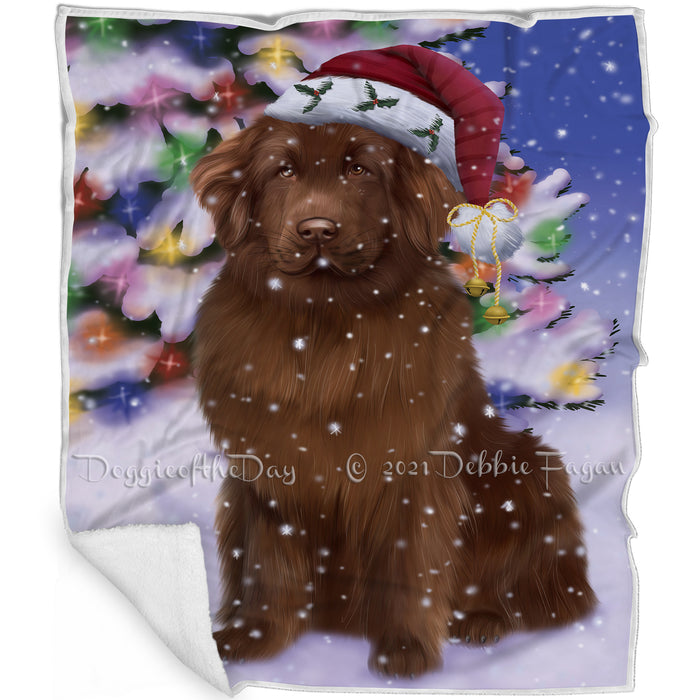 Winterland Wonderland Newfoundland Dog In Christmas Holiday Scenic Background Blanket BLNKT120783