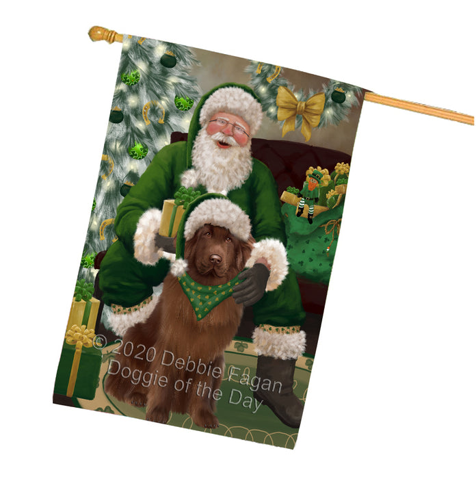 Christmas Irish Santa with Gift and Newfoundland Dog House Flag FLG66716
