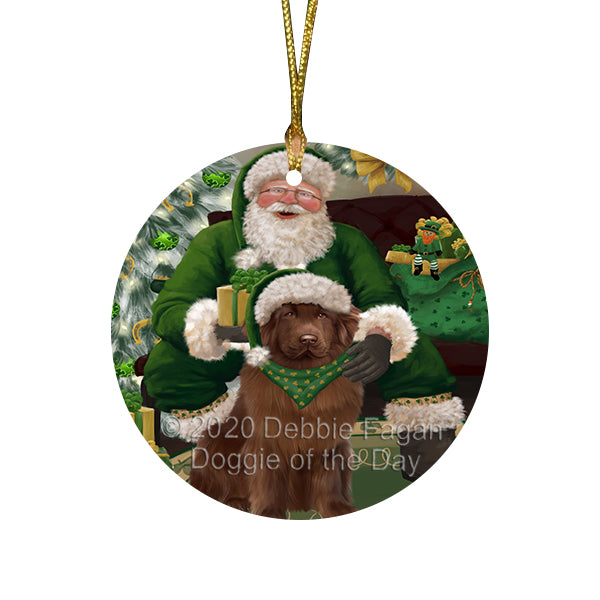 Christmas Irish Santa with Gift and Malti Tzu Dog Round Flat Christmas Ornament RFPOR57942
