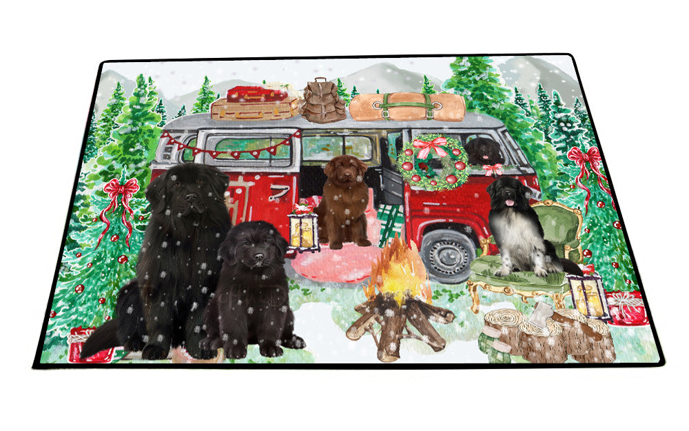 Christmas Time Camping with Newfoundland Dogs Floor Mat- Anti-Slip Pet Door Mat Indoor Outdoor Front Rug Mats for Home Outside Entrance Pets Portrait Unique Rug Washable Premium Quality Mat