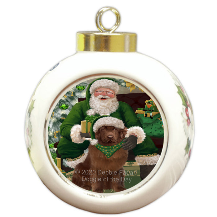 Christmas Irish Santa with Gift and Newfoundland Dog Round Ball Christmas Ornament RBPOR57944