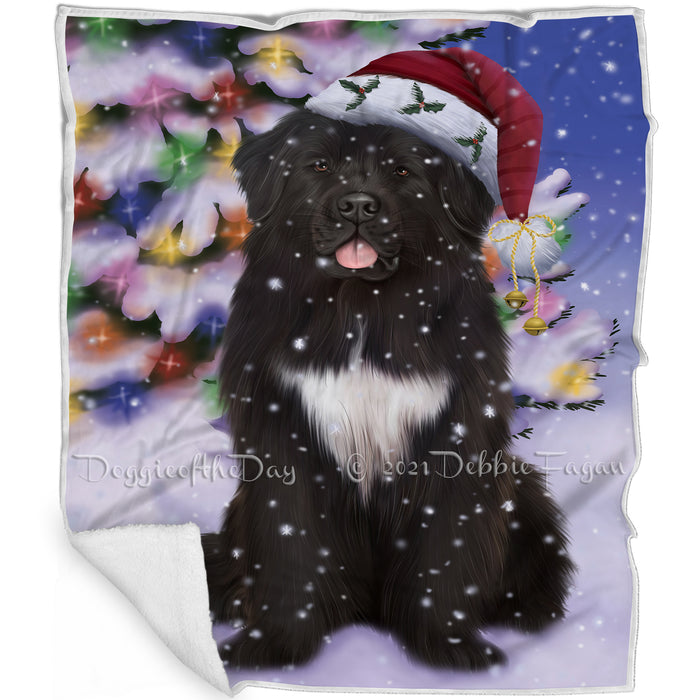 Winterland Wonderland Newfoundland Dog In Christmas Holiday Scenic Background Blanket BLNKT120792