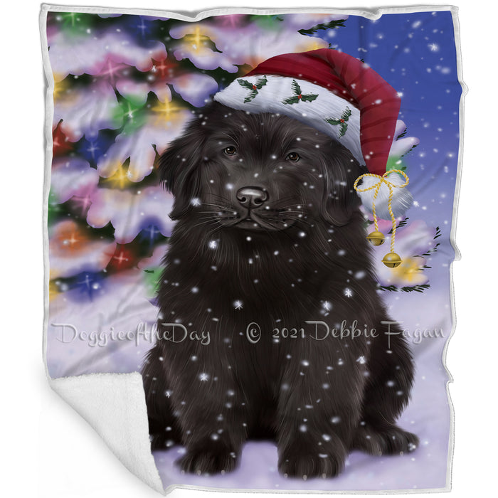 Winterland Wonderland Newfoundland Dog In Christmas Holiday Scenic Background Blanket BLNKT120801
