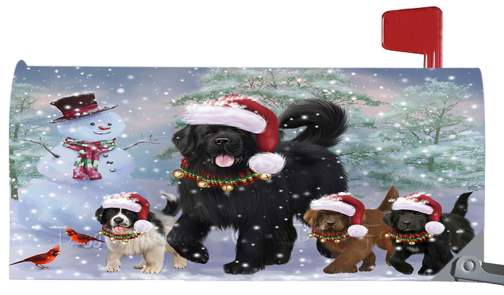 Christmas Running Family Newfoundland Dogs Magnetic Mailbox Cover Both Sides Pet Theme Printed Decorative Letter Box Wrap Case Postbox Thick Magnetic Vinyl Material