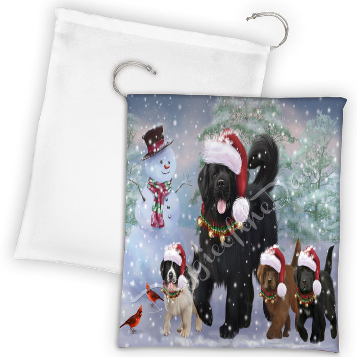 Christmas Running Fammily Newfoundland Dogs Drawstring Laundry or Gift Bag LGB48235