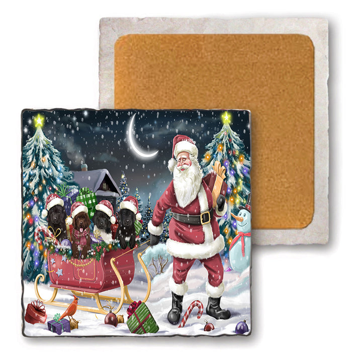 Santa Sled Christmas Happy Holidays Newfoundland Dogs Set of 4 Natural Stone Marble Tile Coasters MCST49378