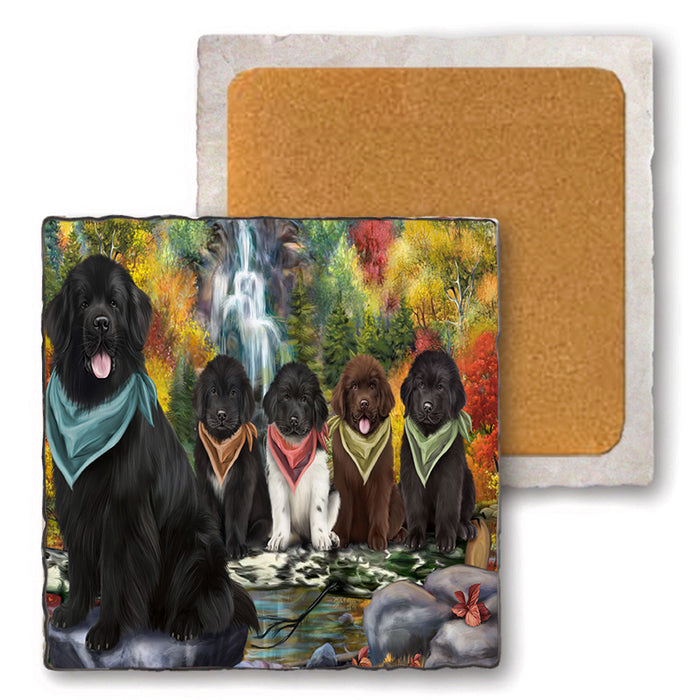 Scenic Waterfall Newfoundland Dogs Set of 4 Natural Stone Marble Tile Coasters MCST49670