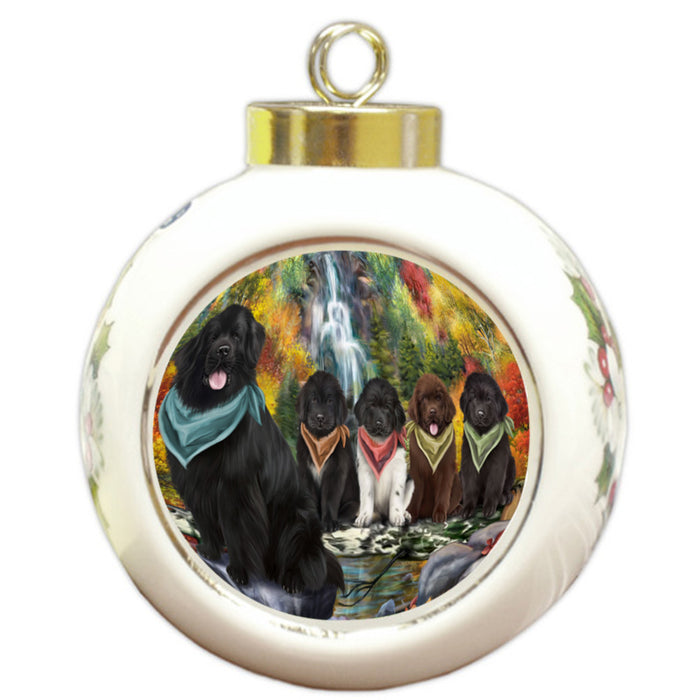 Scenic Waterfall Newfoundland Dogs Round Ball Christmas Ornament RBPOR54798