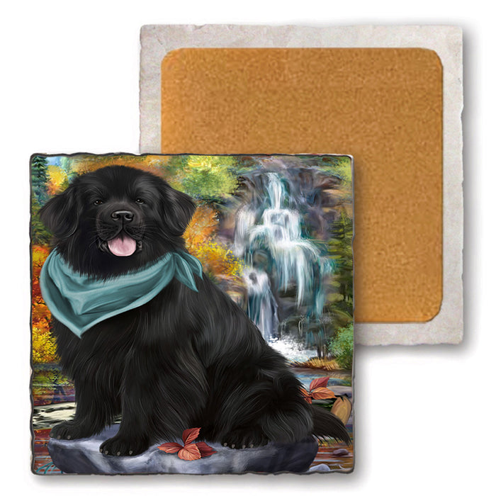 Scenic Waterfall Newfoundland Dog Set of 4 Natural Stone Marble Tile Coasters MCST49671