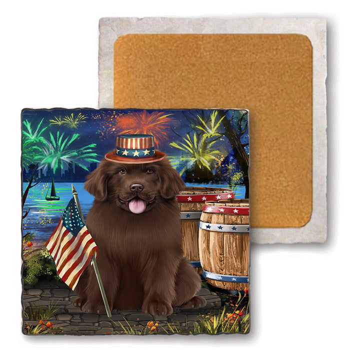 4th of July Independence Day Firework Newfoundland Dog Set of 4 Natural Stone Marble Tile Coasters MCST49059