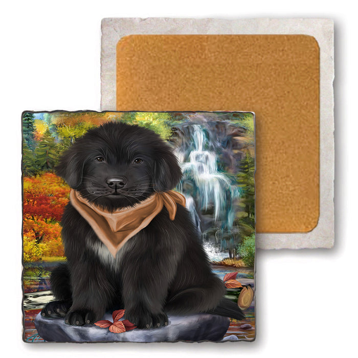 Scenic Waterfall Newfoundland Dog Set of 4 Natural Stone Marble Tile Coasters MCST49672