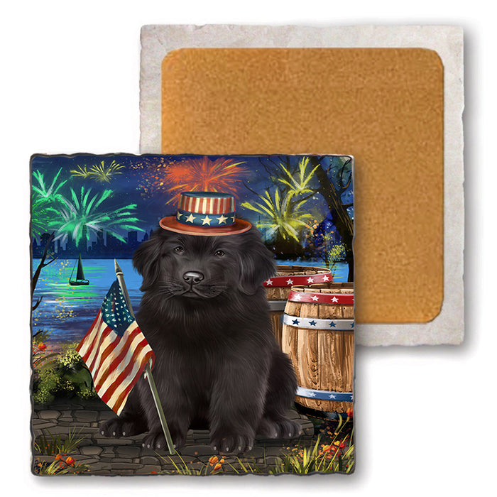 4th of July Independence Day Firework Newfoundland Dog Set of 4 Natural Stone Marble Tile Coasters MCST49061