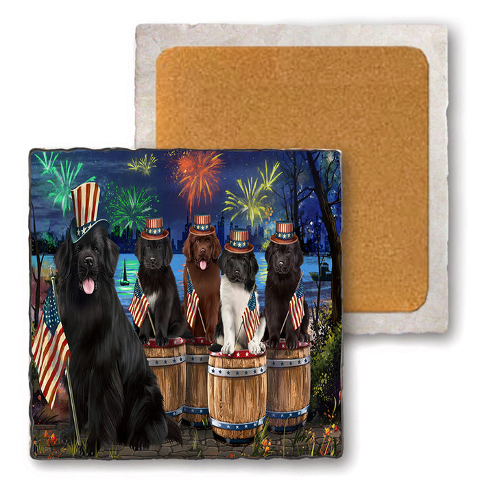 4th of July Independence Day Firework Newfoundland Dogs Set of 4 Natural Stone Marble Tile Coasters MCST49112
