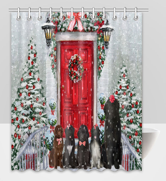 Christmas Holiday Welcome Newfoundland Dogs Shower Curtain Pet Painting Bathtub Curtain Waterproof Polyester One-Side Printing Decor Bath Tub Curtain for Bathroom with Hooks