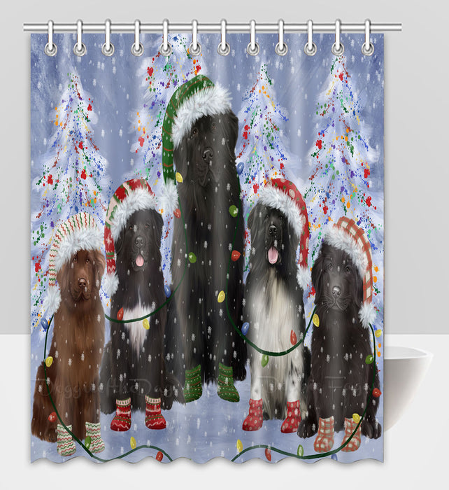 Christmas Lights and Newfoundland Dogs Shower Curtain Pet Painting Bathtub Curtain Waterproof Polyester One-Side Printing Decor Bath Tub Curtain for Bathroom with Hooks