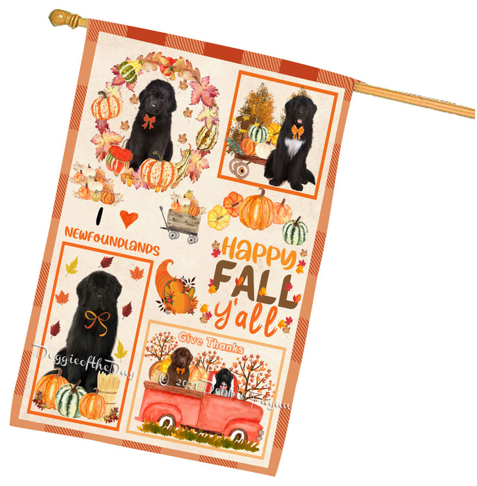 Happy Fall Y'all Pumpkin Newfoundland Dogs House Flag Outdoor Decorative Double Sided Pet Portrait Weather Resistant Premium Quality Animal Printed Home Decorative Flags 100% Polyester